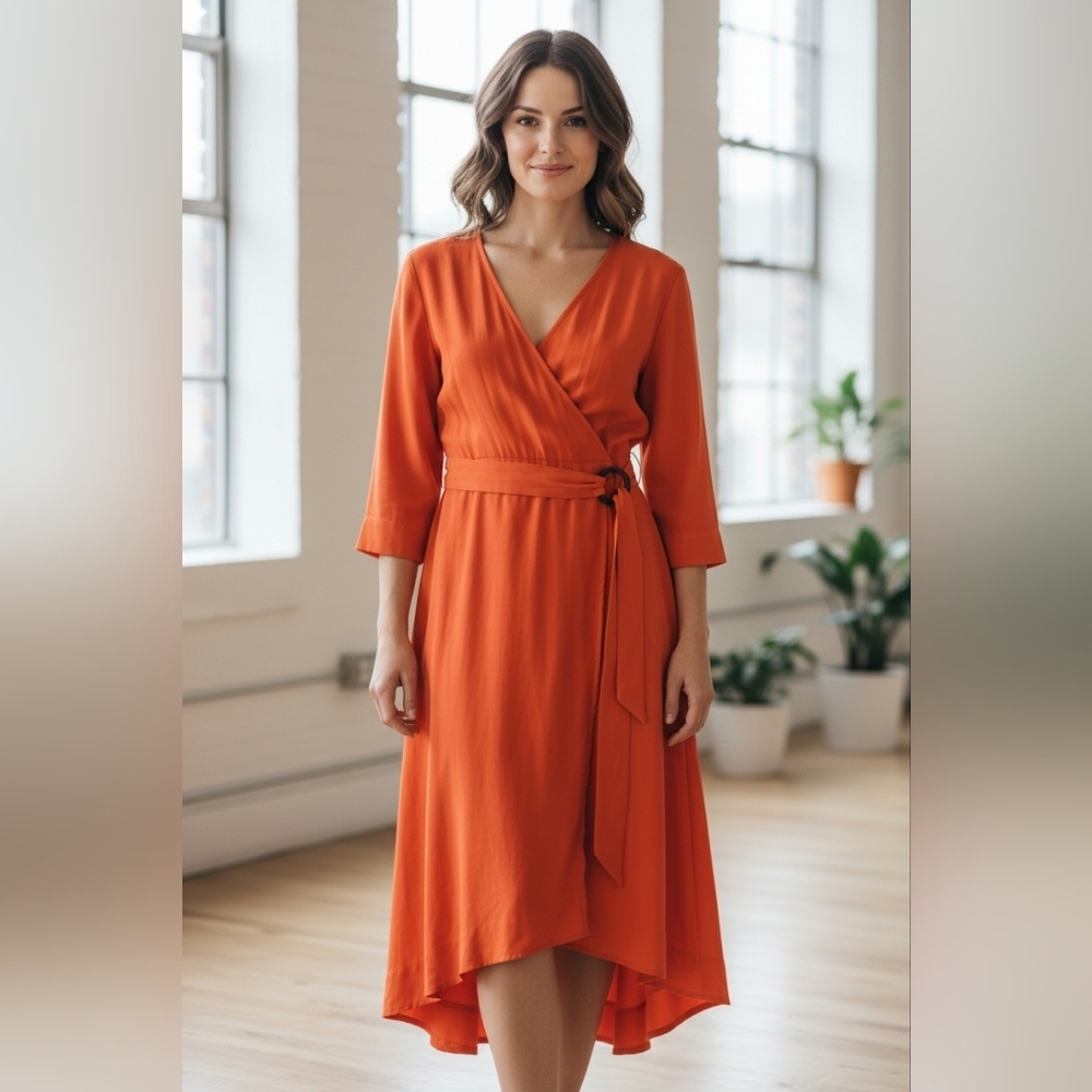 Soft Surroundings Traviata Wrap Dress Orange Midi Tie Waist Medium Casual New